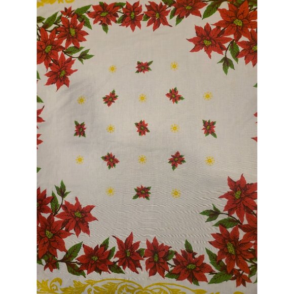 Vintage Christmas Tablecloth Poinsettia scroll Border Table Linen Retro1950s - Picture 4 of 10